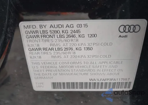 2015 Audi Q5 2.0T Premium z USA, uszkodzony, nr VIN WA1LFAFP3FA117557